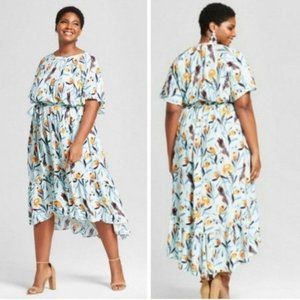 Ava & Viv 1x Light Blue and Yellow Flower Ruffle High Low Hem Dress